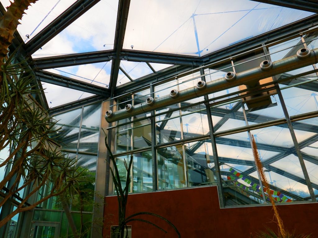 Photo of interior and roof of the new greenhouse in the botanical garden in Amsterdam. Free image.